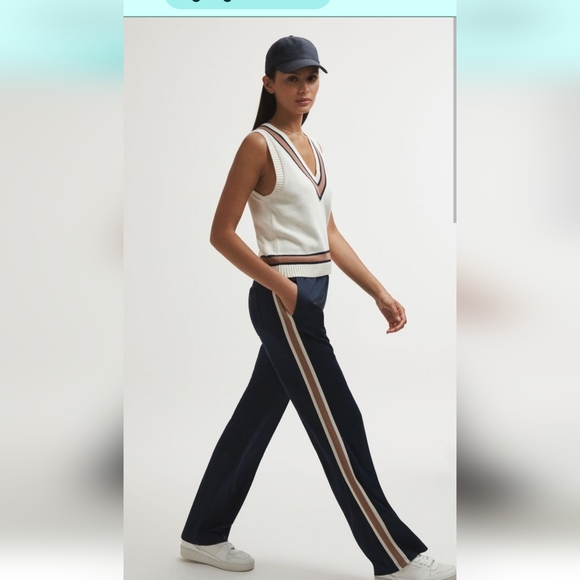 Reiss Pants - Reiss Women's Navy Track Pants with Stripes And Cotton Vest Medium